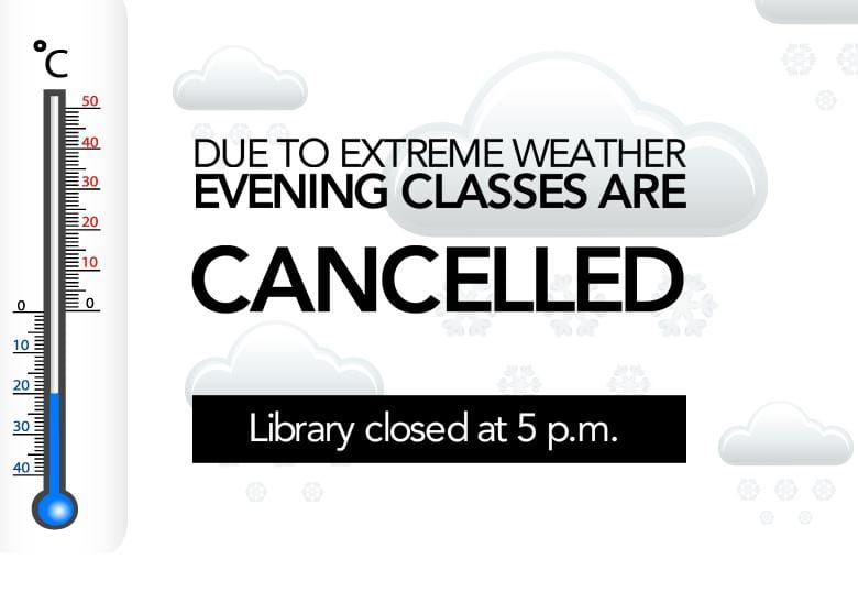 Evening classes cancelled, library closing at 5 p.m.